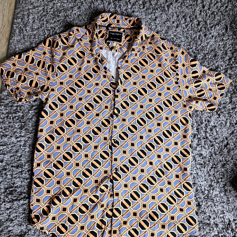 Denim & Flower Ricky Singh Mens Small Geometric Print Viscose Button Up‎ Shirt